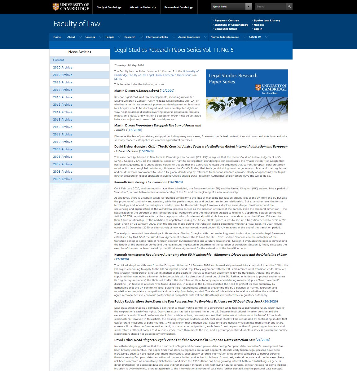 cambridgelaw's tweet photo. New @SSRN Legal Studies RPS Volume 11 Number 5 including articles by Martin Dixon, @DavidErdos, @ProfKAArmstrong, and Bobby Reddy: https://t.co/1SNQ6AHBzG #restrictivecovenants #proprietaryestoppel #dataprotection #brexit #transition #dualclassstock https://t.co/Q8Xu61U1VK
