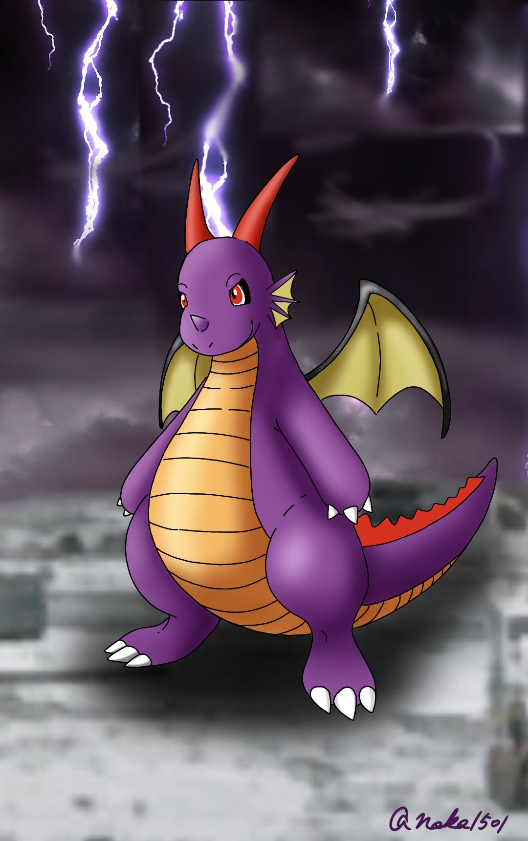 ナカノコ カイリュー希少種 竜王カイリュー タイプ ドラゴン あく そのつめは てつを ひきさき はきだす ほのおは いわをも とかす みかたに なれば せかいの はんぶんを くれる らしい ポケモン ポケモン希少種 イラスト ポケモンイラスト