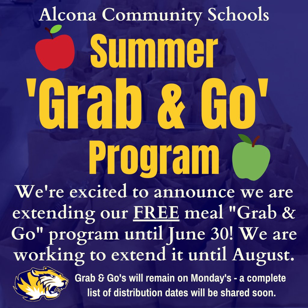 AlconaTigers's tweet photo. Exciting News! We are extending our meal “Grab &amp; Go” until June 30! We are working to extend this FREE meal distribution until August – Stay tuned for more information! https://t.co/09tnVXd92E