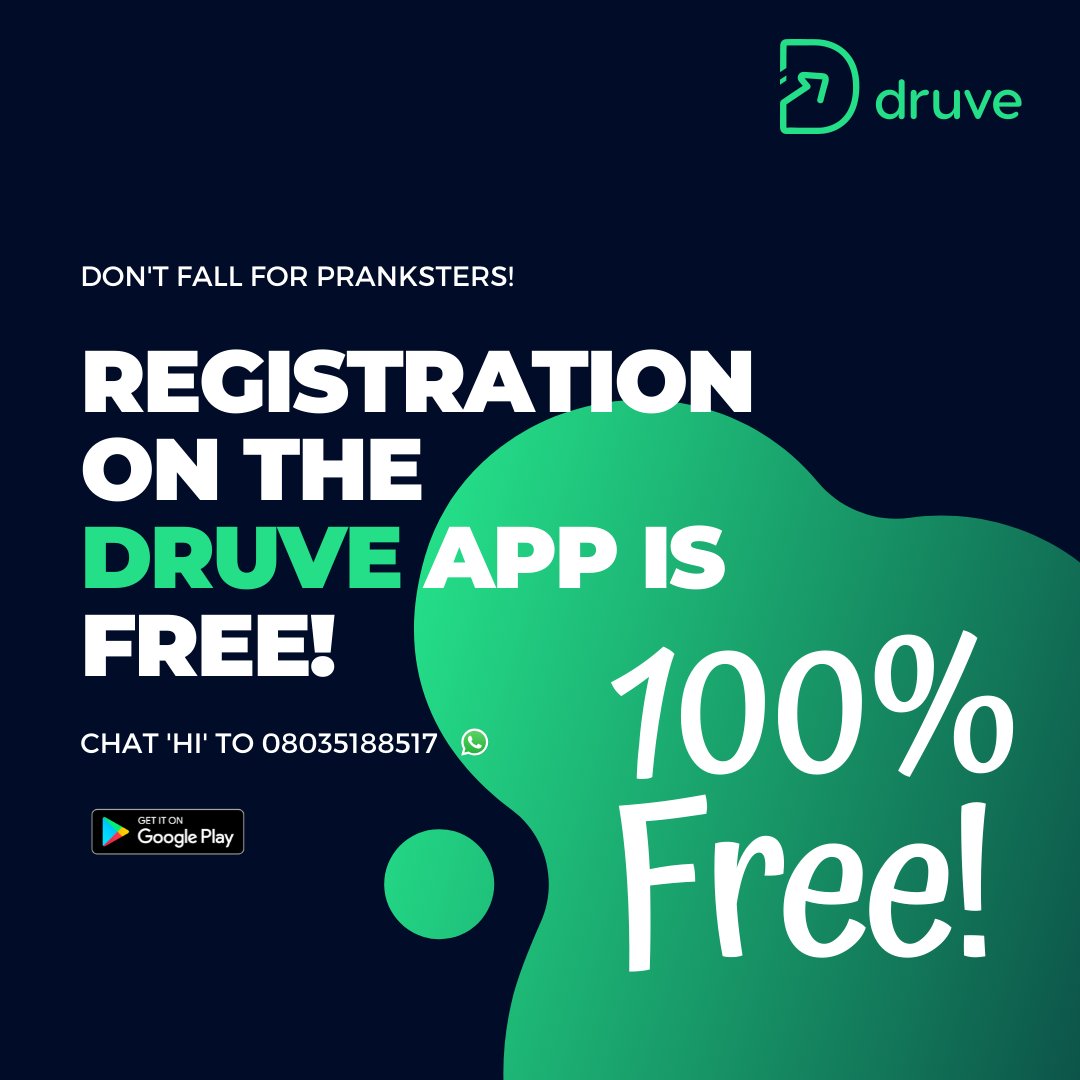 Druveinfo's tweet photo. Don't fall for pranksters fam! Registration on the #Druve app is absolutely FREE!
If you would like to chat with our team to know more about the app, please chat "Hi" to 08035188517.
#GetDruve https://t.co/HKWy6XBiD4