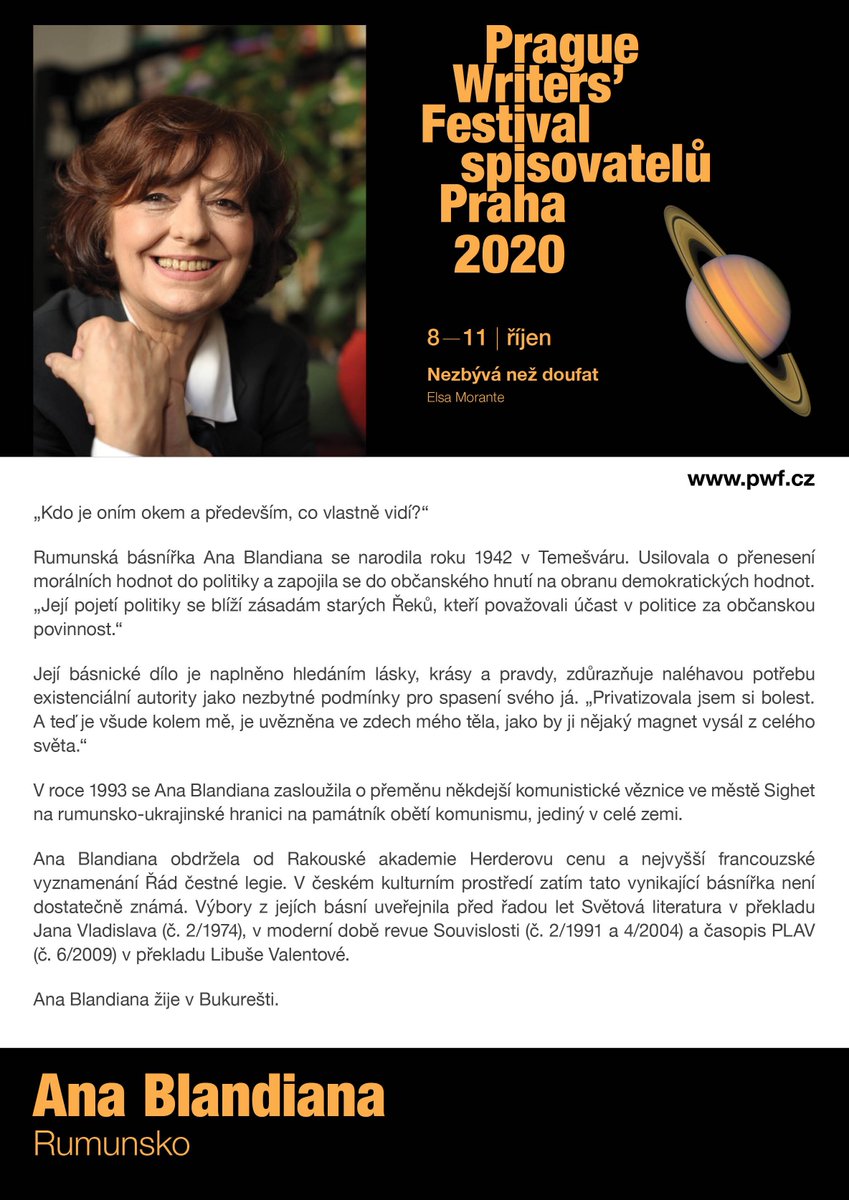 Festivalspisova's tweet photo. Básnířka Ana Blandiana vždy usilovala o obranu demokratických hodnot, i v časech Ceaušeskuovy totality.
•
One of the strongest voices against the communist regime of Ceaușescu, Ana Blandiana’s poems defended truth in returning an ethical consciousness to Romania. 

#pwf2020 https://t.co/RFPyXUEhC4