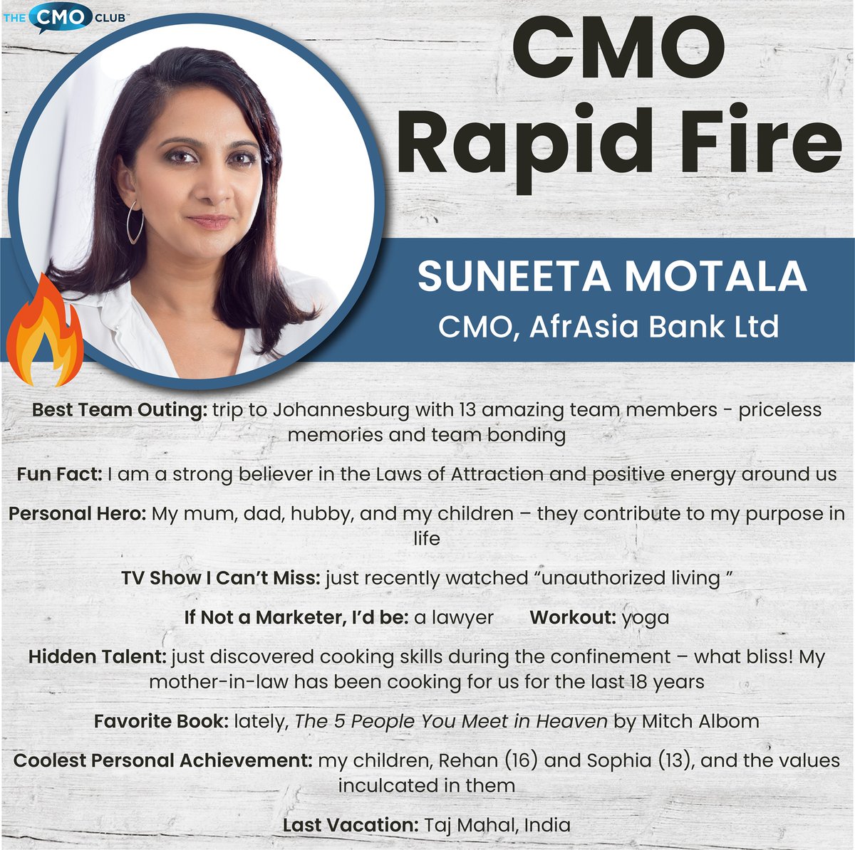 The CMO Club welcomes its first member from Africa: Suneeta Motala.  
Headquartered in US, The CMO Club is the world's most engaged marketing leadership community regrouping +650 CMOs globally.
#CMOrapidFire