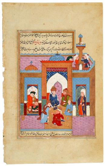 A Man Tells  #Rumi About the Construction of a Theological SchoolThe richly clad youth in the doorway may be the patron of the building, possibly Ḥasan Pasha, son of the Grand Vizier Soqollu Muḥammad Pasha and governor of  #Baghdad (r. 1598–1602).