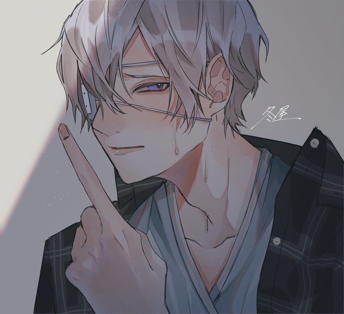 1boy male focus solo eyepatch looking at viewer short hair index finger raised  illustration images