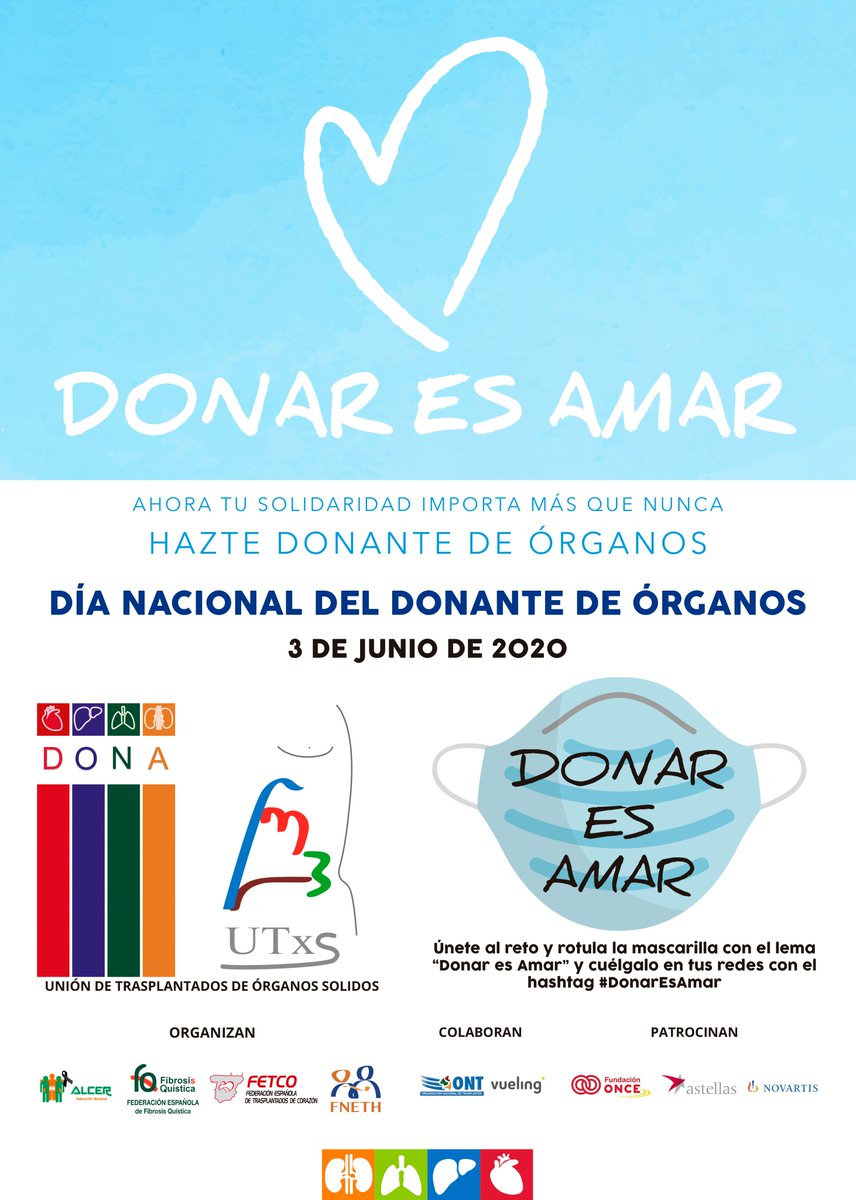 El próximo 3 de junio se celebra el Día Nacional del Donante de Órganos con el lema "Donar es amar. Ahora tu solidaridad importa más que nunca".
#DonarEsAmar <a href="/FEFQ_CFspain/">Fed. Esp. Fibrosis Quística</a> <a href="/fneth_org/">FNETH</a> <a href="/FNALCER/">Fed. Nac. ALCER oficial</a> <a href="/FETCorazon/">TrasplantadosCorazon</a> <a href="/ONT_esp/">Organización Nacional de Trasplantes</a> <a href="/vueling/">Vueling Airlines</a>