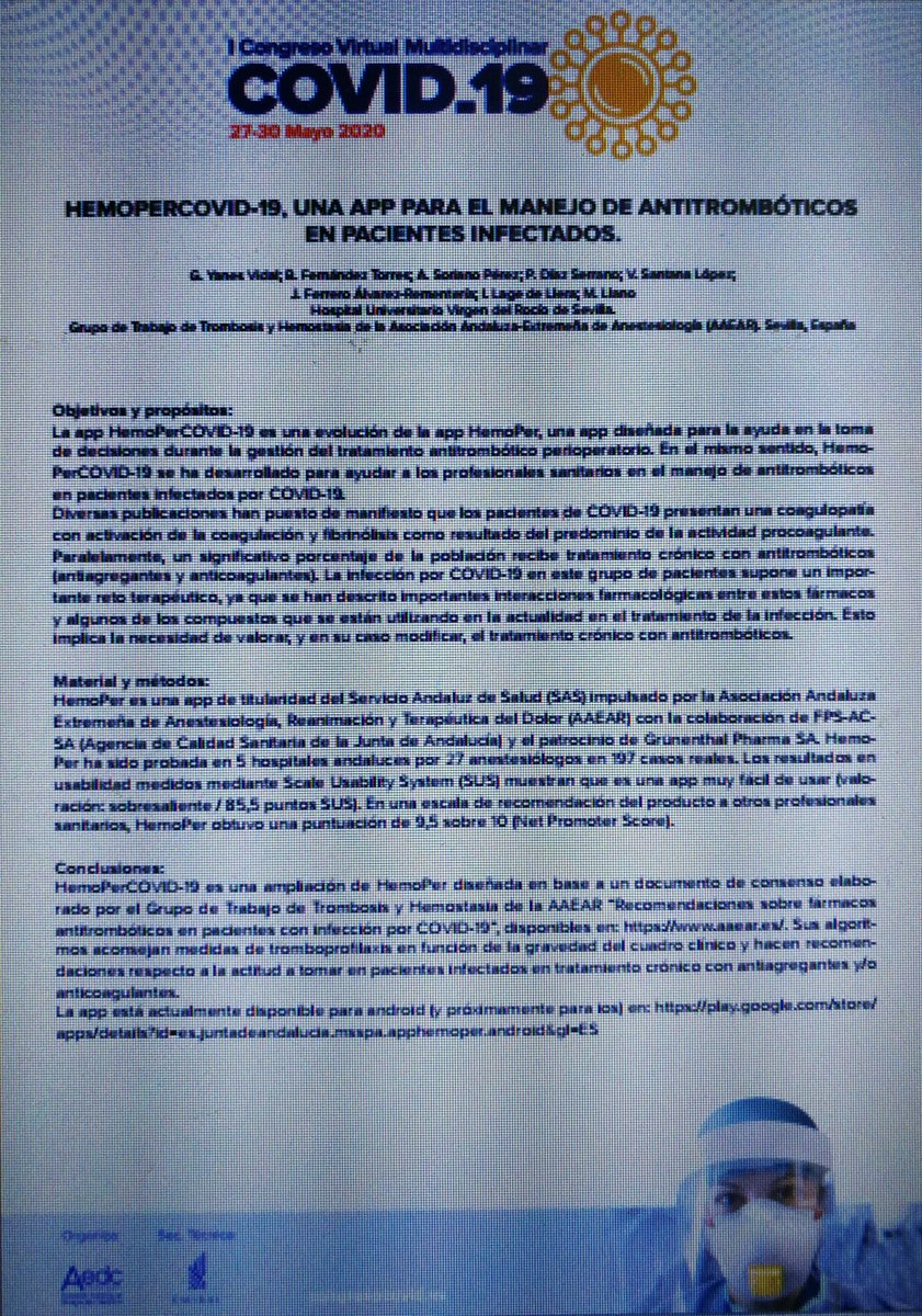 Orgulloso de pertenecer a un excelente Grupo de Trabajo de Trombosis y Hemostasia #AAEAR.
Hemos participado en el I Congreso Virtual Multidisciplinar #Covid_19. Presentamos la app #HemoPerCOVID-19 que estará pronto en markets para facilitar decisiones en antitrombosis. 😍