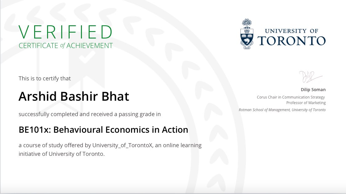 BhattArshad's tweet photo. thanku @dilipsoman @UofT_BEAR for this wonderful course. #Nudge #BehavioralScience #BehavioralEconomics #BehavioralManagement https://t.co/eW3Icze5JB