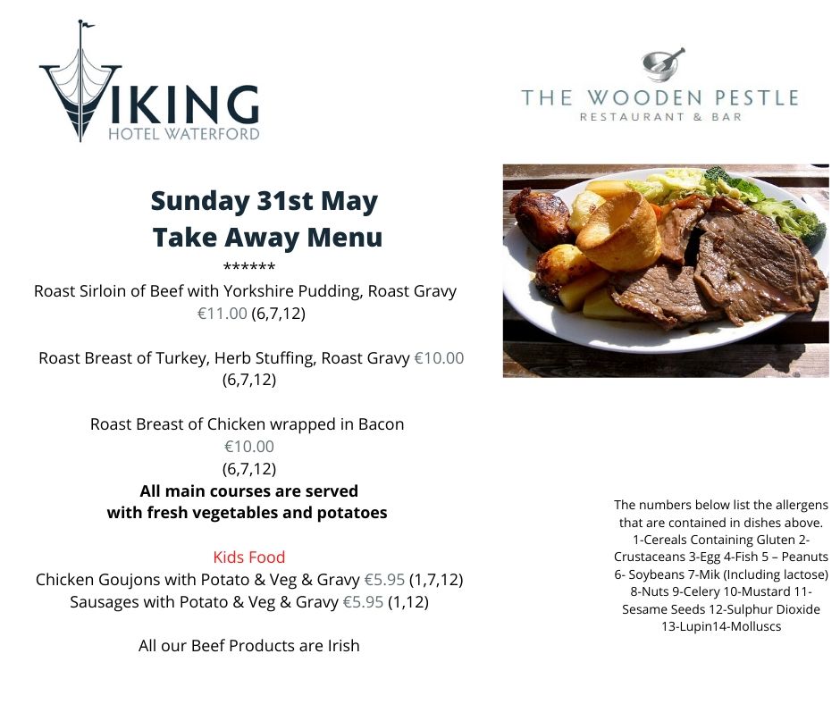 Our Sunday Lunch Take Away Menu continues this week. Collection from 12-3pm

Call us to book your time for collection before 12pm on Sunday. 051 336933

Please see menu; Availability is limited.
