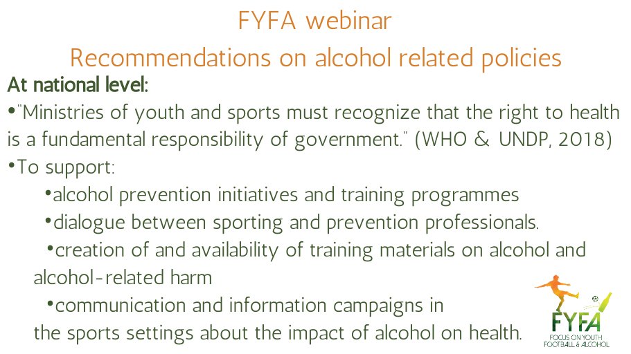 fyfaproject's tweet photo. The #FYFAlcoholYouth research showed that there is a need for more communication and information campaigns in sports settings about the impact of alcohol on health. Governmental and national sporting organizations should support alcohol #prevention initiatives in sports settings. https://t.co/UTuZrfuMMC