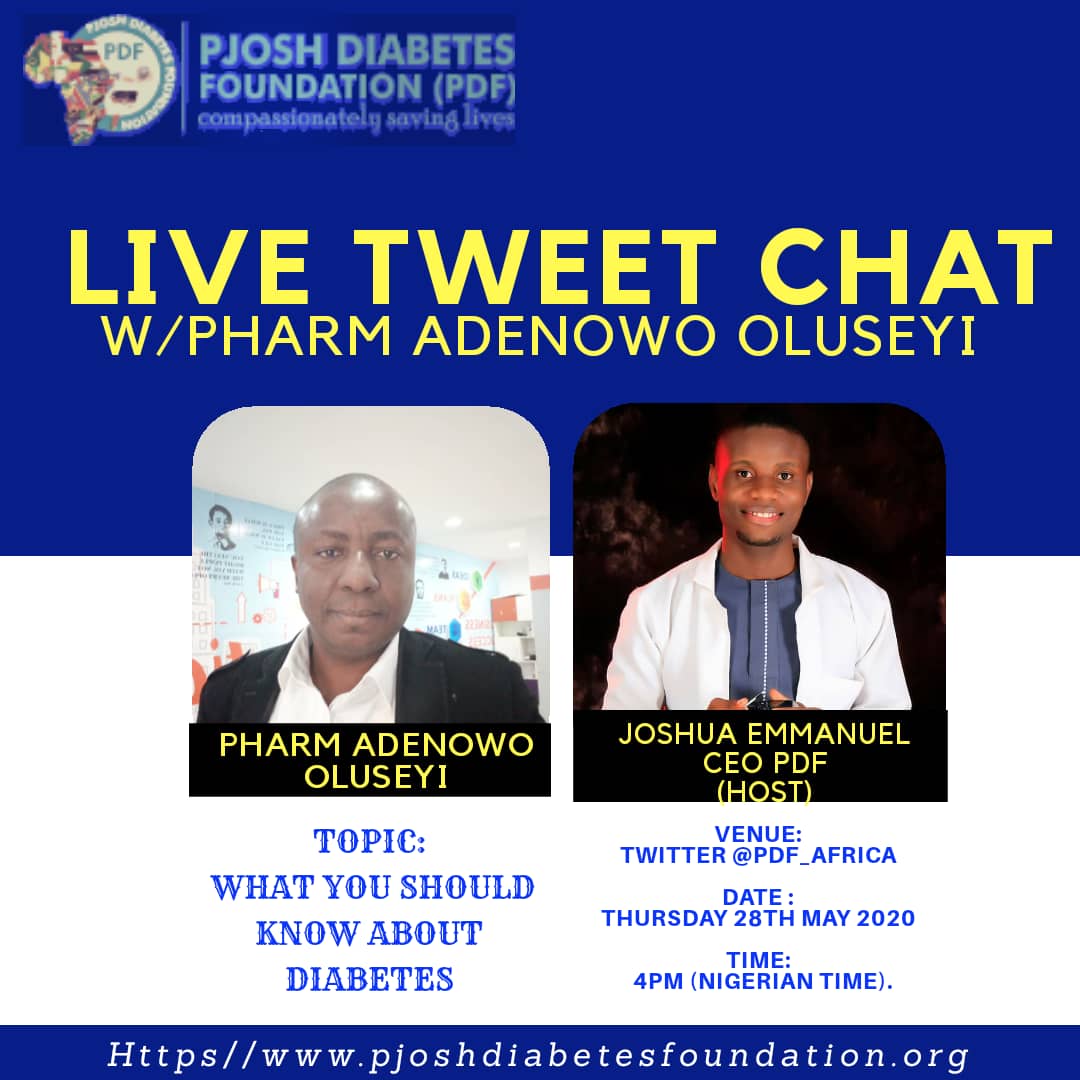 DiabetesCareIn3's tweet photo. Join @DiabetesCareIn3 today, Thursday 28th May, 2020 by 4pm with @pdf_africa .
It's going to be so educating .
#diabetes #livetweetchat #pdfafrica #BeDiabetesAware
PLEASE RETWEET for Awareness https://t.co/Uz6f0j2zhV