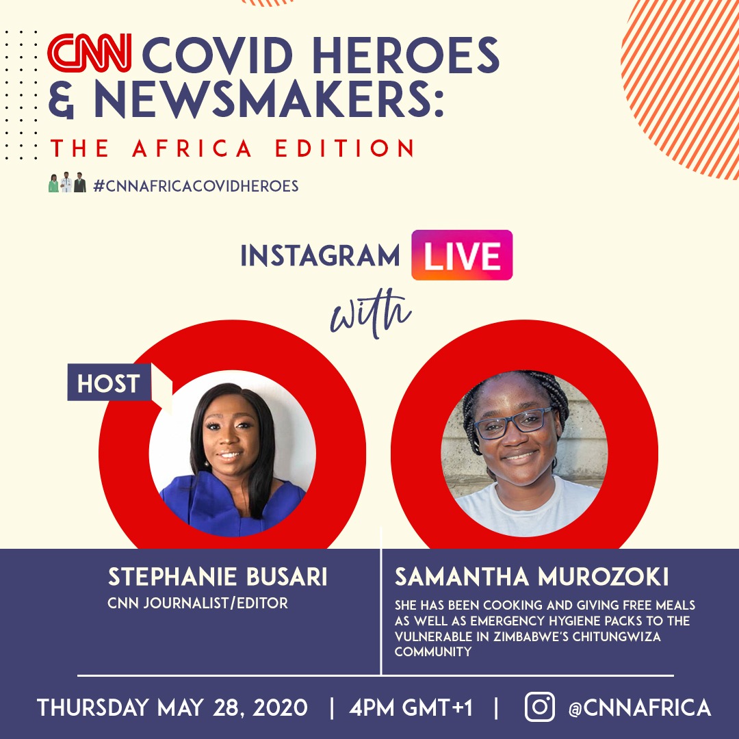 CNNAfrica's tweet photo. Samantha Murozoki has been cooking and giving free meals as well as emergency hygiene packs to the vulnerable in Zimbabwe's Chitungwiza community. She will be on our IG Live series, 'CNN Africa Covid heroes and newsmakers’ today with @StephanieBusari. https://t.co/BVVeCsP4pA