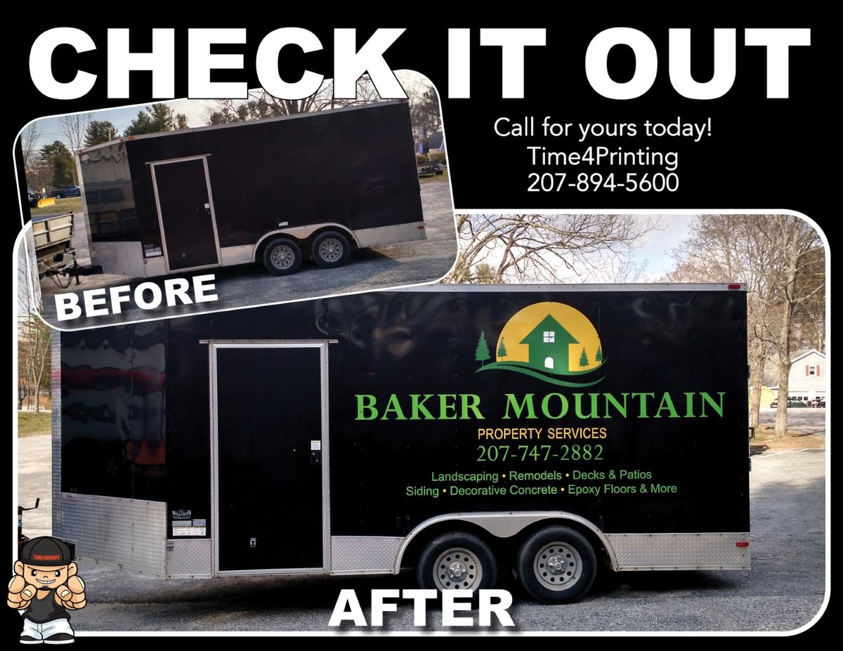 Time4Printing's tweet image. Trailers graphics are truly mobile billboards. Check out this trailer we did for Baker Mountain Property Services. Have a trailer? Schedule yours today: 207-894-5600  Office@Time4Printing.com #trailergraphics #vehiclegraphics