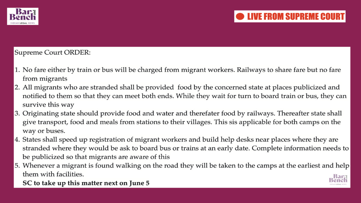 Supreme Court orders 5 Points in the Migrant Crisis.Matter now to be heard on June 5, 2020 #Covid  #SupremeCourt  #TusharMehta  #COVID19  @RailMinIndia