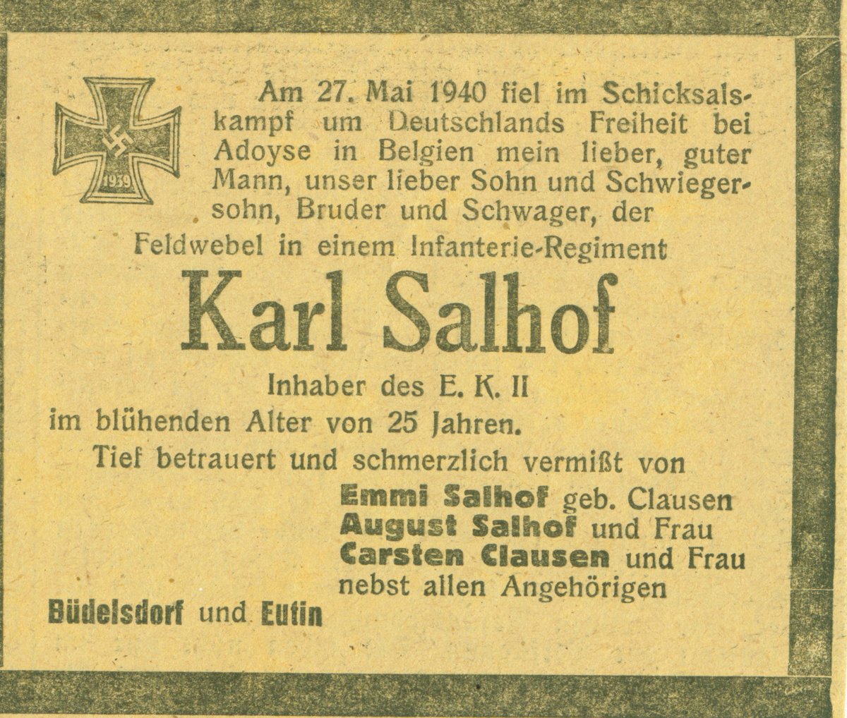  #Ypres1940: Karl Salhof was one of those killed in the fighting in Flanders in May 1940. I rescued his papers and letters from a junk shop many years ago. He'd previously fought in Poland and was awarded a EK2.
