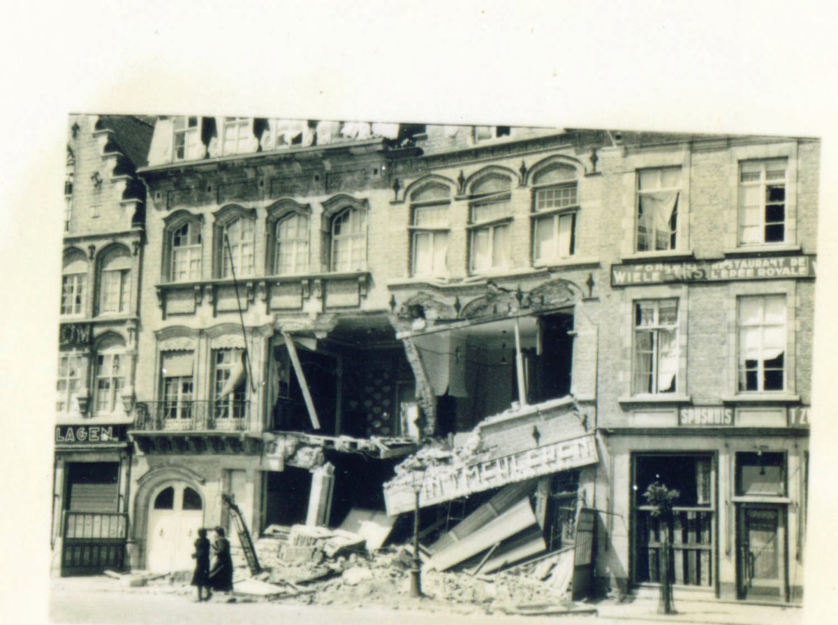  #Ypres1940: Damage to the centre of Ypres from German shell fire in 1940. Many buildings in the city still show signs of 1940 battle damage today.