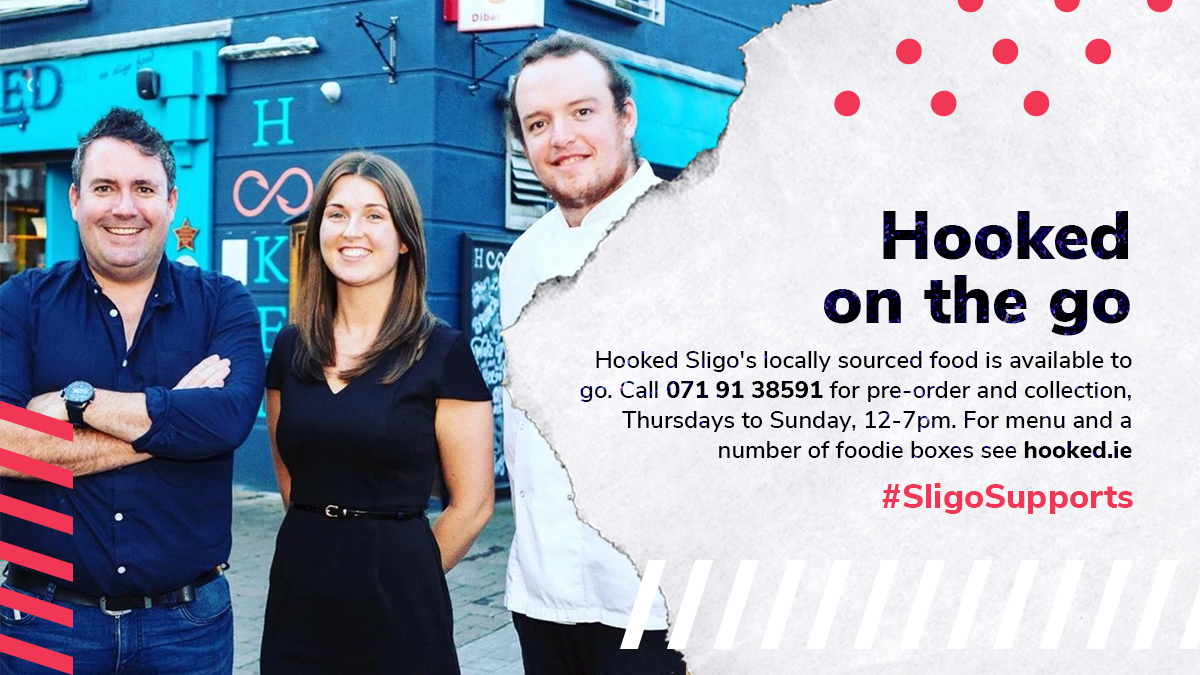 From Thursdays to Sundays, <a href="/hookedsligo/">Hooked</a> is whipping up a number of tasty meals made with locally sourced produce to go. Check out their menu at hooked.ie and ring in your order from 12pm. #SligoSupports #LocallySourced