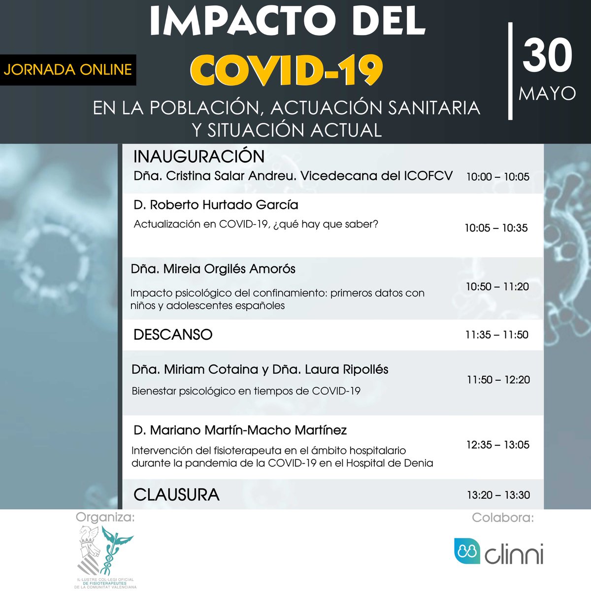 🗣️ ¿Qué hay que saber del #Covid19?, ¿Cuál es el impacto #psicológico del confinamiento?, ¿Cómo ayuda la #fisioterapia a los pacientes? Las respuestas en la jornada de este sábado 30. 

➡️Gratuita colegiad@s <a href="/Icofcv/">CFisioterapeutasCV</a>

🖥️ : link ‘zona colegiado’ de la web el día del evento.