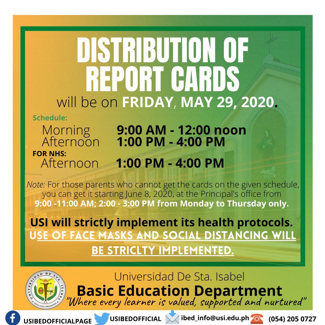 theBEDSCO's tweet photo. Good evening Isabelinas! 🔰

All are reminded of the DISTRIBUTION OF CARDS tomorrow, May 29,2020 from 9:00-11:30 am, and 1:00-4:00 pm in your respective classrooms. &amp; Please Inform your parents to strictly follow &amp; be guided of the health protocols. 

Thank you &amp; God bless! 💛💚 https://t.co/7nCcpH0gdY