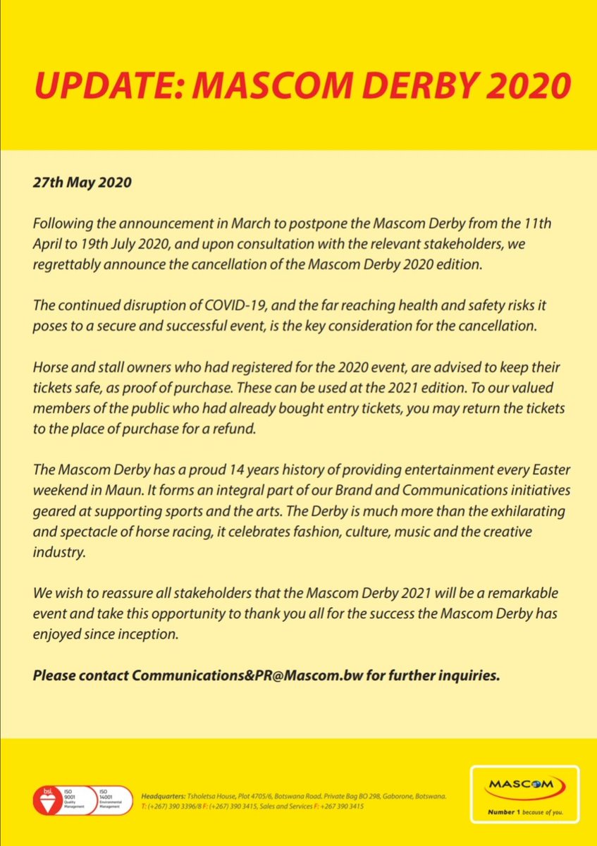 MascomWireless's tweet photo. 𝗨𝗣𝗗𝗔𝗧𝗘: 𝗠𝗔𝗦𝗖𝗢𝗠 𝗗𝗘𝗥𝗕𝗬 𝟮𝟬𝟮𝟬

Following the announcement in March to postpone the Mascom Derby from the 11th April to 19th July 2020, and upon consultation with the relevant stakeholders, we regrettably announce the cancellation of the Mascom Derby 2020 edition https://t.co/VVoYbpPEoe