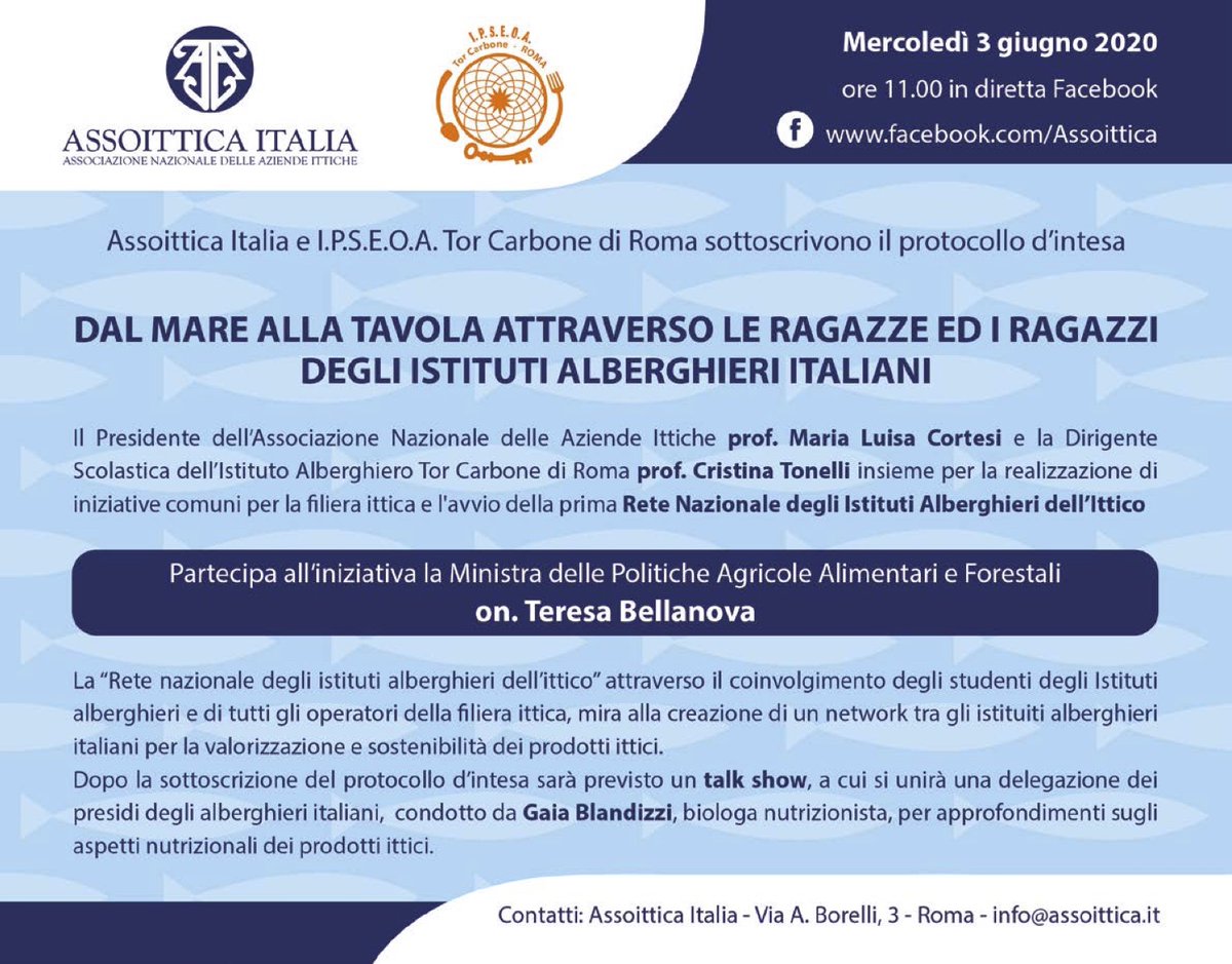 WestMed_Italy's tweet photo. SAVE THE DATE
QUANDO: 3 giugno, 2020 alle 11 
COSA: Dal Mare alla Tavola Attraverso i Ragazzi e le Ragazze degli Istituti Alberghieri Italiani
DOVE: Diretta Facebook https://t.co/8EjNIL3I2Z
PARTECIPA: la Ministra Teresa #Bellanova
#ittica #turismo #DecretoRilancio #coronavirus https://t.co/D9ZOwH5j4J