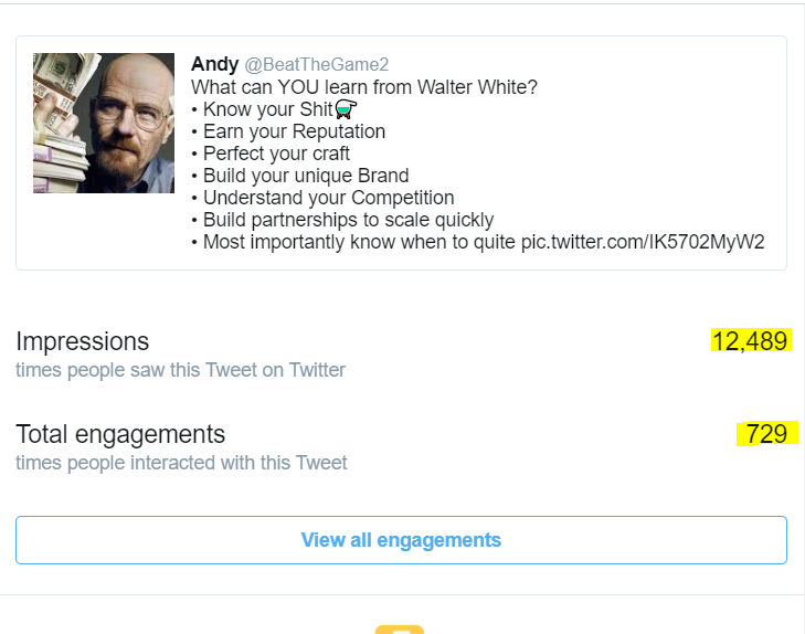 Yesterday one of my tweet got: + 190 Likes+ 30 RTs+ 12,489 Impressions+ 729 Total EngagementsIs this a good Tweet?Yes, I would like to think so. But main reason? #WalterWhite was trending yesterday, when I tweeted it. My tweet was one of the top trending ones.
