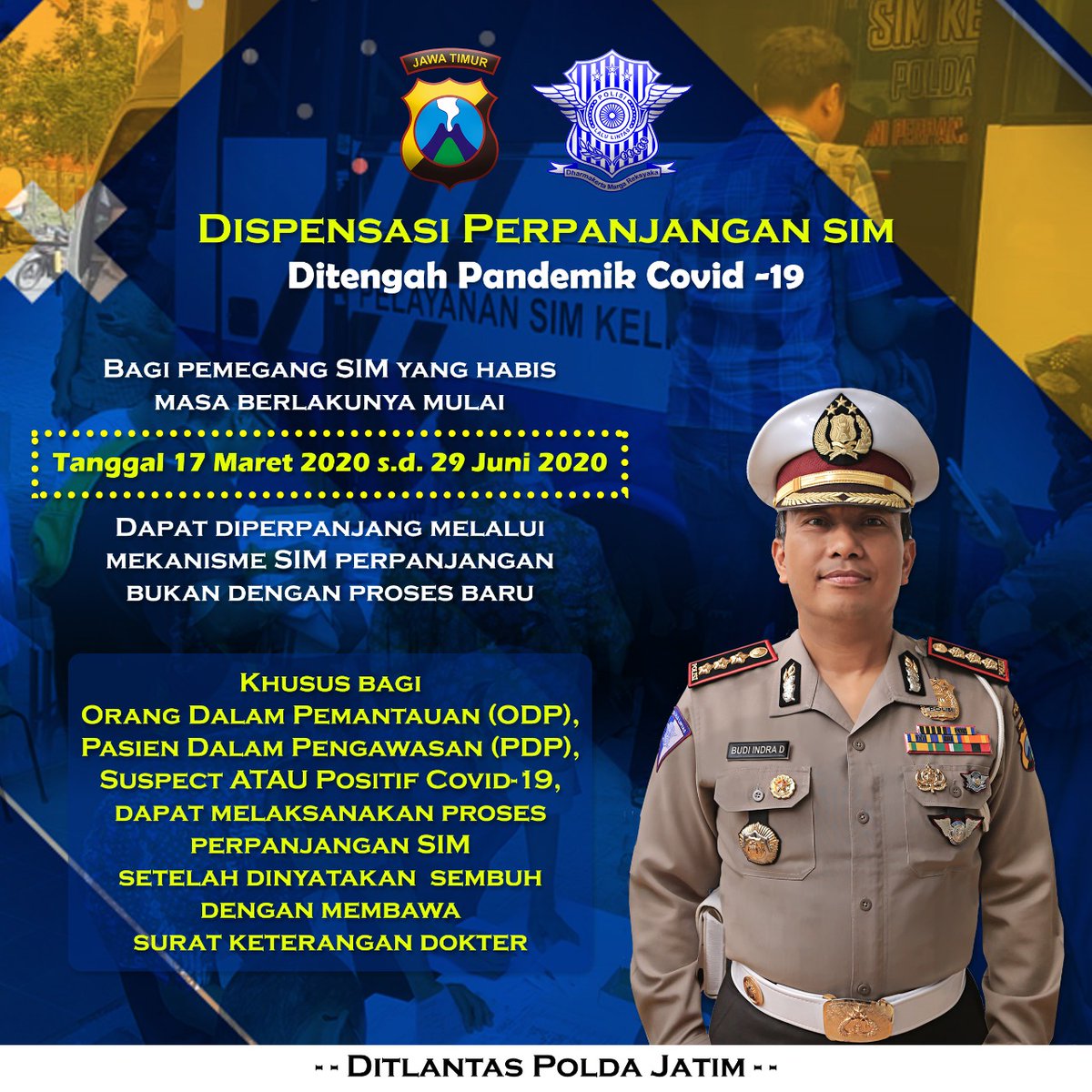 1xpearls's tweet photo. Info Dispensasi Masa Berlaku SIM
Pada situasi pandemi covid-19, SIM yg habis masa berlakunya mulai dari tgl 17 maret sd 29 juni 2020 dpt dilakukan proses perpanjangan SIM (tdk proses SIM Baru)
#polantasjatim
#polantasindonesia
#ntmcpolri
#lawancovid19
#simkeliling
#simcorner https://t.co/uQB8Ch0EIr
