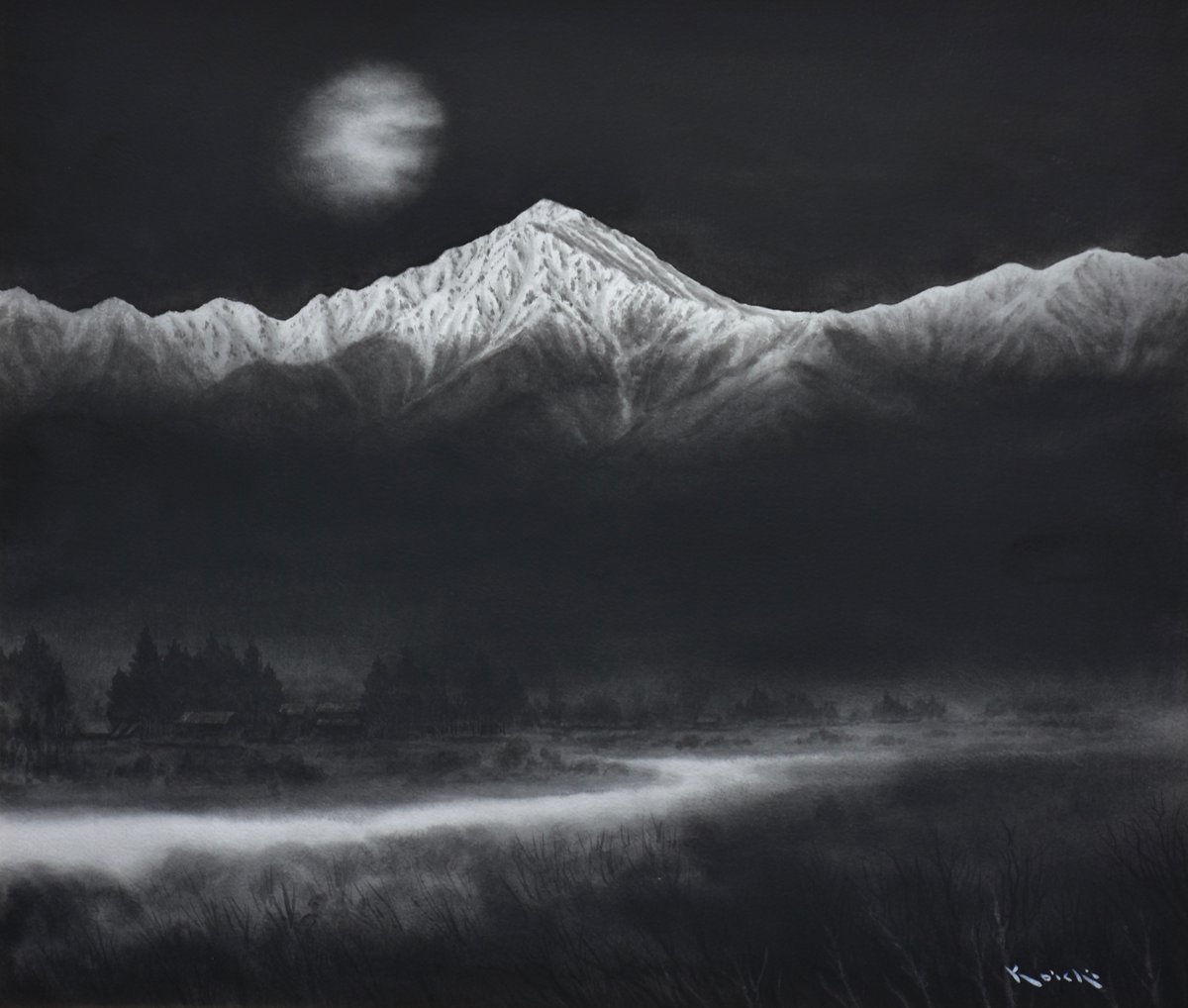 「御嶽山」　水墨画 明神岳山麓 第52回水墨画秀作展 経済産業大臣賞: 鸞峯の水墨画