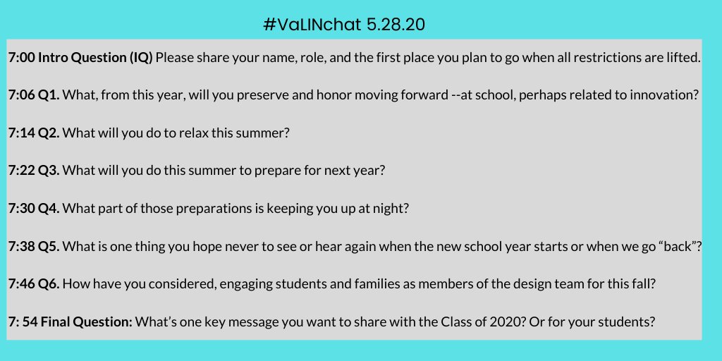 ALPlearn's tweet image. Please join us Thursday 5/28 at 7pm for the last #VaLINchat for the 2019-20 school year! This week's focus: looking forward into summer and beyond. Learn with members of #VAis4Learners #VaLIN teams by exploring the questions below. See you then!