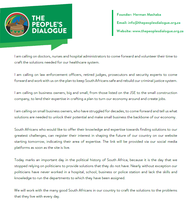 HermanMashaba's tweet photo. Today, I am proud to announce the next step on the path towards the launch of our party in August. 

We're looking for South Africans who would like to offer their knowledge, expertise &amp; experience as we build our policies.

The online platform will be launched tomorrow! https://t.co/jdaP86COxu