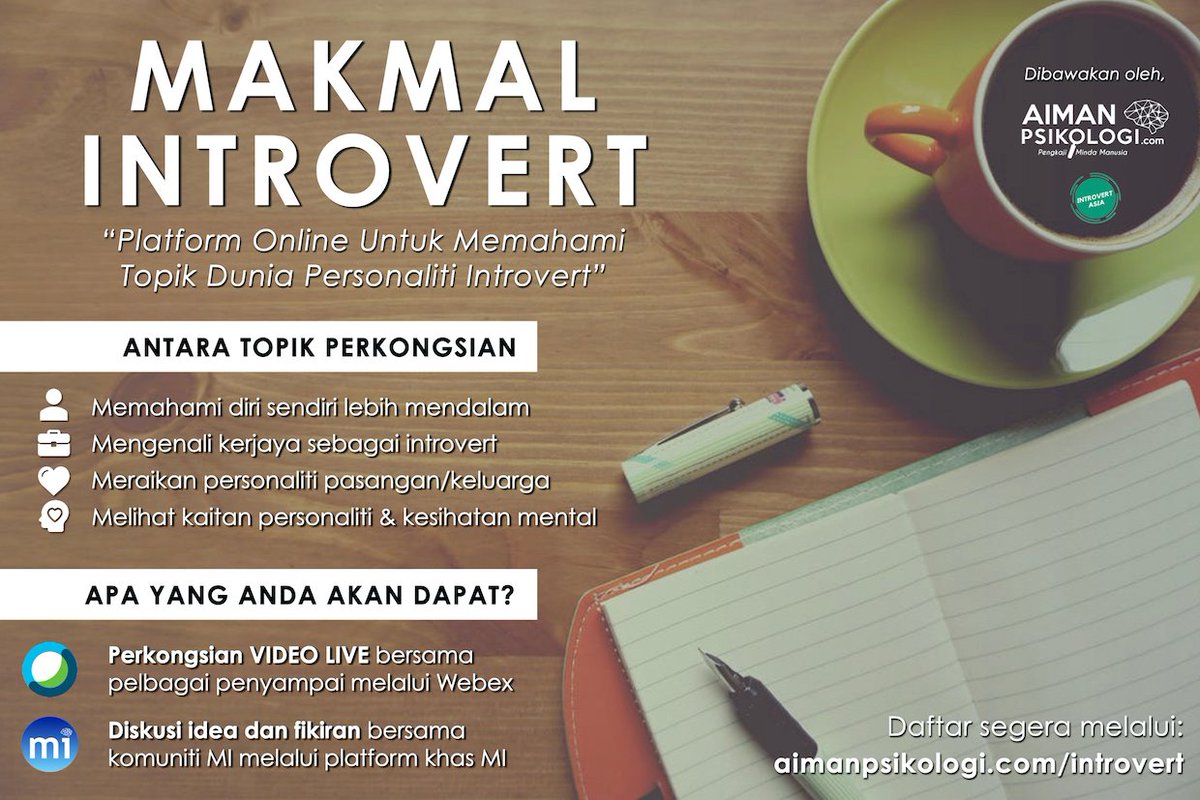 Makmal Introvert itu apa?Platform online untuk belajar sama-sama topik personaliti introvert dalam dunia ekstrovert.Sesuai untuk introvert yang nak kenal diri sendiri dan ekstrovert yang nak kenal kenalan introvert mereka.Boleh baca lagi lanjut di  http://www.aimanpsikologi.com/introvert 