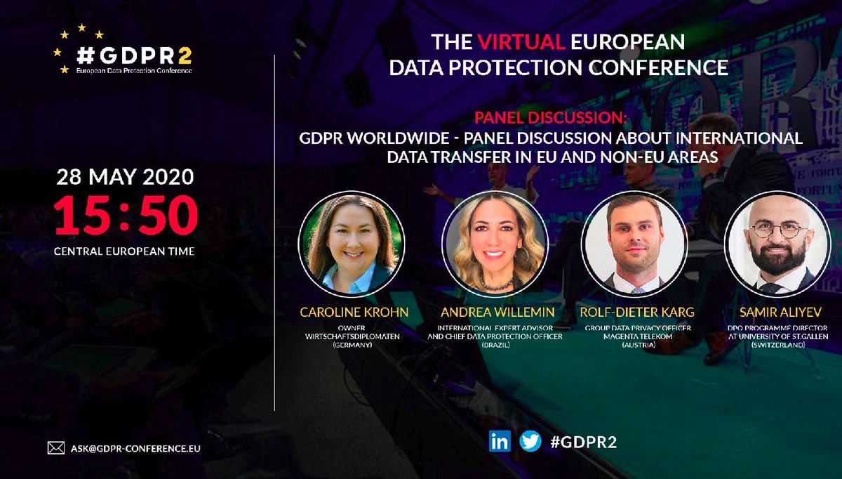 GDPRplusX's tweet photo. Now comes: #GDPR Worldwide - Panel discussion about international data transfer in EU and non-EU areas with Andrea Willemin, Rolf-Dieter Kargl, Samir Aliyev and our wonderful @KrohnCaroline: https://t.co/4XPpRZmNga
#GDPR2 https://t.co/TCx2WPqfix