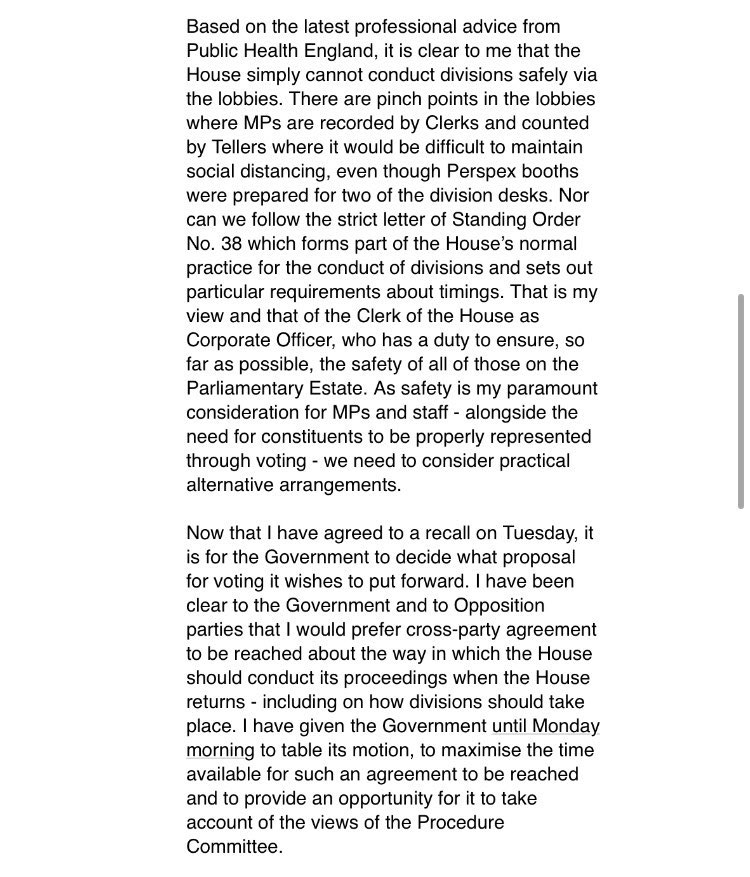Commons will sit at 11:30am on Tuesday the Speaker says in a letter to MPs. He says new evidence from Public Health England means divisions can’t be conducted safely.