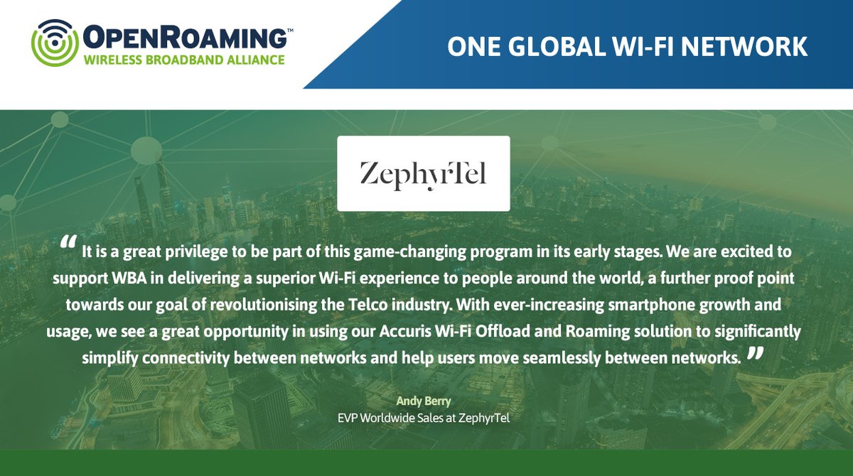 Skyvera__'s tweet photo. Today the @WBAlliance launches OpenRoaming, and we're excited to be part of this pioneering initiative, creating new possibilities and welcoming a new era of #WiFi roaming. Read more: https://t.co/yErhcMTJJm
#ZephyrTel #WiFiOffload #WiFiRoaming https://t.co/9RUZdPOaDx