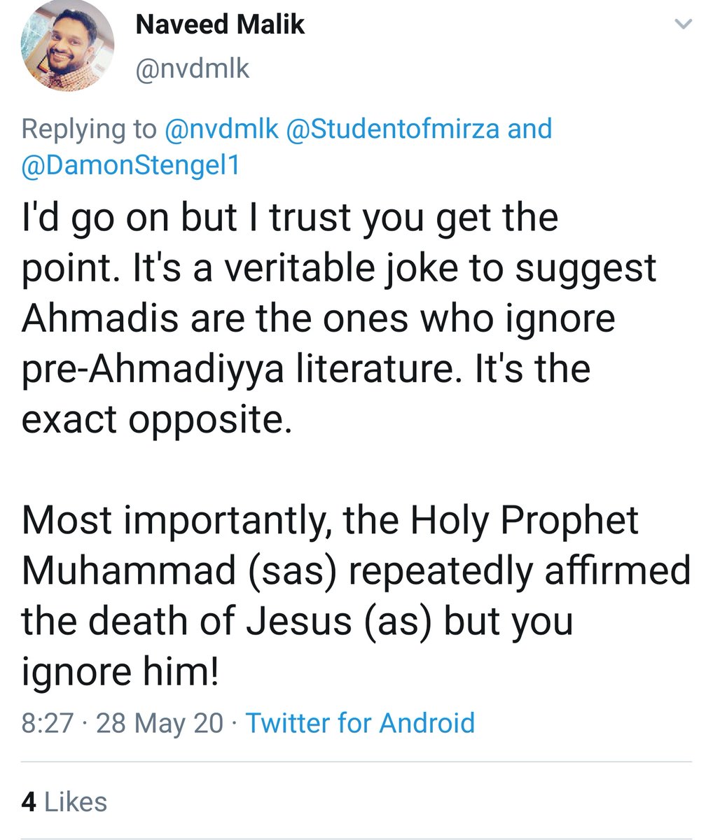 Thread for  @nvdmlk addressing the claims in the below tweets.Specifically the support for the Ahmadiyya position by a list of scholars and the claim the prophet Muhammad SAW repeatedly confirmed the death of Jesus Isa AS  #Ahmadiyya  #Dialogue