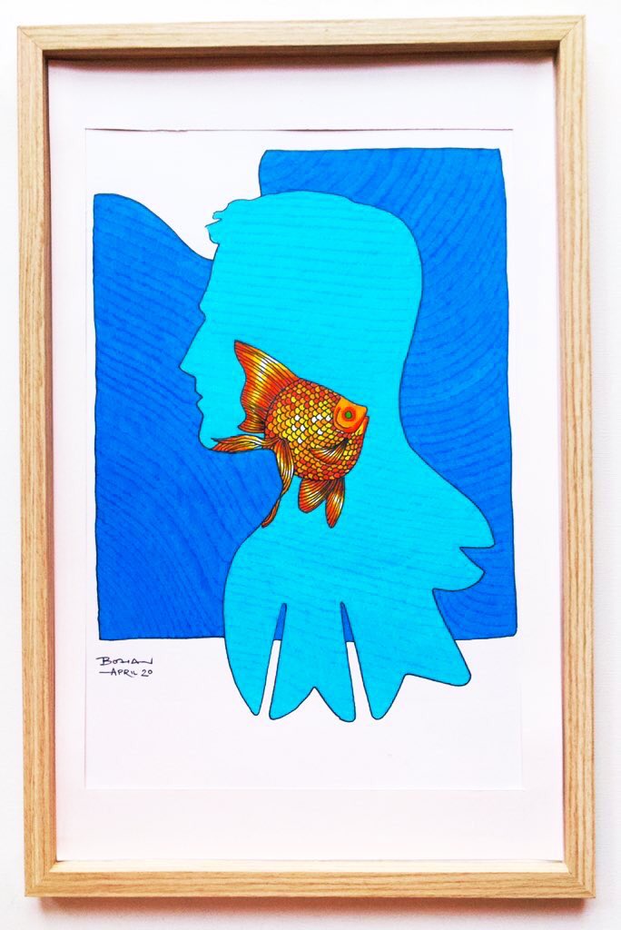 Each work is in ink on paper, or gouache paint on paper, & is approximately A3 sized (11.7 x 16.4 inches; 29.7 x 42cm)Goldfish (2020)