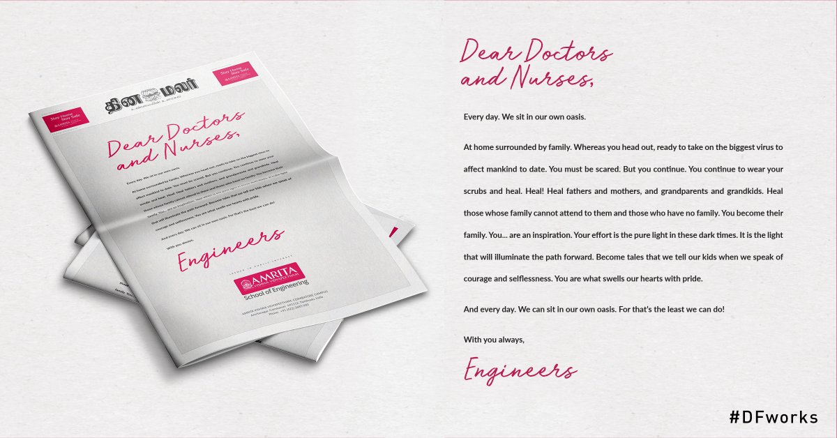 InDesignFoundry's tweet image. #ClientWork for @AMRITAedu during #COVID19

Sometimes the conversation is not about the #brand, it’s about those who heal, who help, who need the voice. 

A #PrintAd published in @dinamalarweb

#DFWorks #Advertising #AmritaUniversity #Dinamalar #ContentStrategy #DesignFoundry