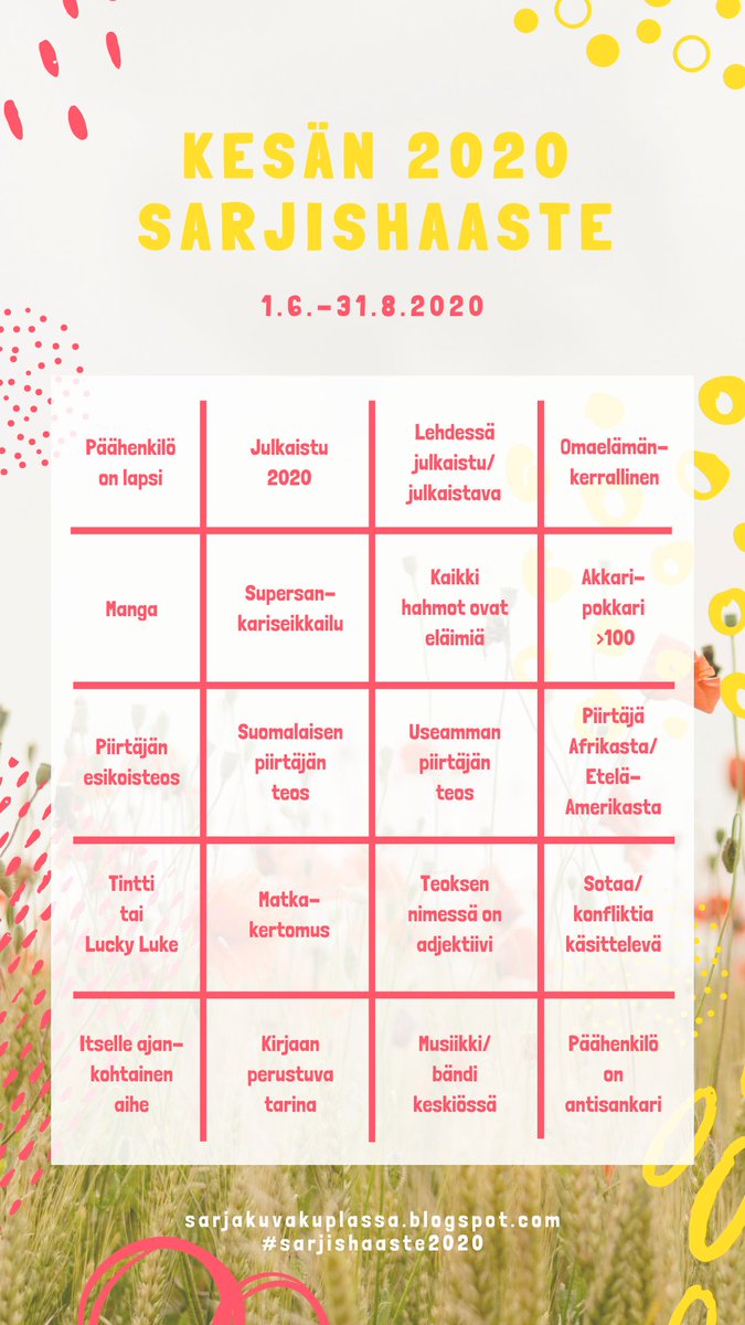Sarjakuvakupla1's tweet photo. Olen kateudella katsellut niitä lukuisia kirjanlukuhaasteita, joita on kierrellyt verkossa. Olen kuitenkin sitä mieltä, että myös sarjakuvaväki tarvitsisi haastetta tähän kesään. Liity mukaan!😎
https://t.co/GSZtHglxQD
#sarjishaaste2020 #sarjakuvahaaste #sarjishaaste #blogissa https://t.co/TzAvB3OdHJ