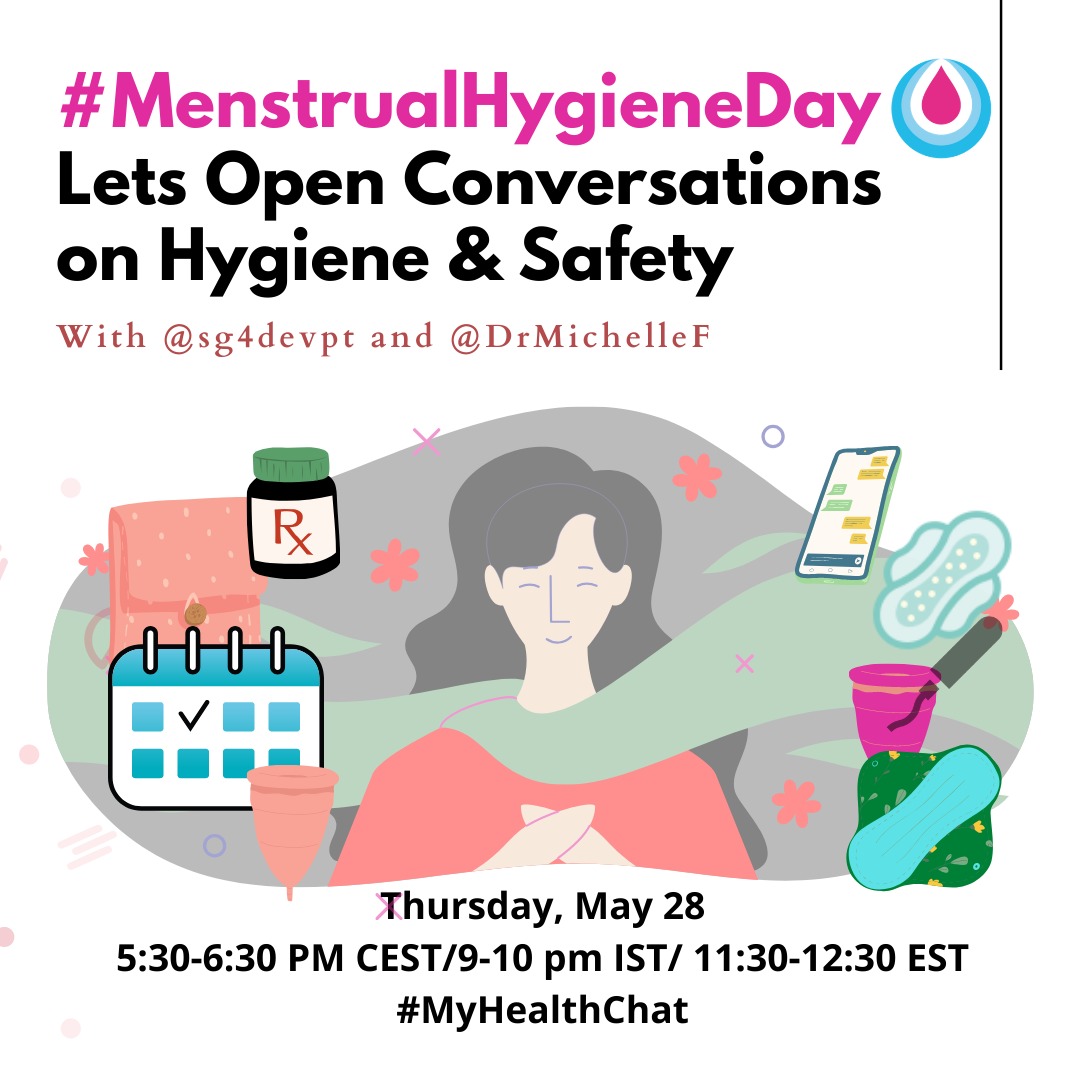 Today on #MenstrualHygieneDay we have a special #MyHealthChat discussing "Having Open Conversations on #Menstrual Hygiene &amp; Safety."

Join us (<a href="/sg4devpt/">Dr. Suchi Gaur (she/her)</a> &amp; <a href="/DrMichelleF/">查档/人肉搜索/黑客/查开房记录/社工库/手机定位/找人/盗号/盗qq/查聊天记录/查老赖/查定位</a>) at 9pm IST/5:30 CET with your insights.

<a href="/mwas_2/">Sam.</a> <a href="/ShaliniGupta_/">Shalini Gupta</a> <a href="/kapoors_s/">Shruti Kapoor (She/Her)</a> <a href="/PeriodPaath/">Periodपाठ</a> <a href="/PreetiLPC/">PreetiLPC</a> <a href="/boondhcup/">Boondh</a>