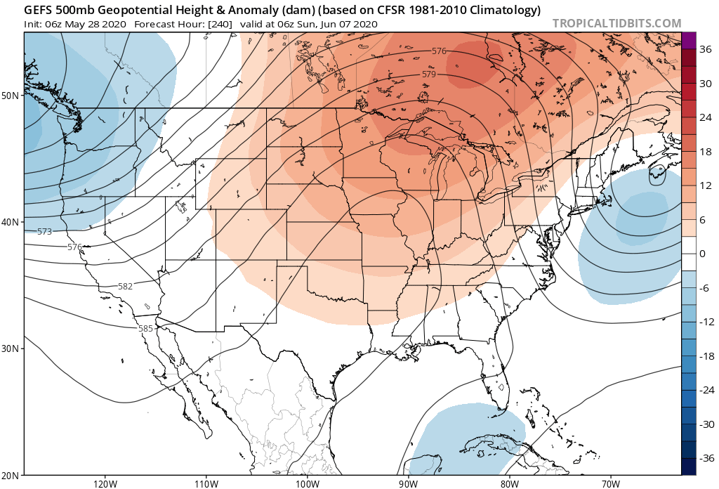 The 500mb geopotential height anomaly pattern during the time potential genesis shows a ridge over the Plains into the Midwest and Great Lakes. This could slow down the forward progression of the developing tropical disturbance over the Gulf of Mexico.