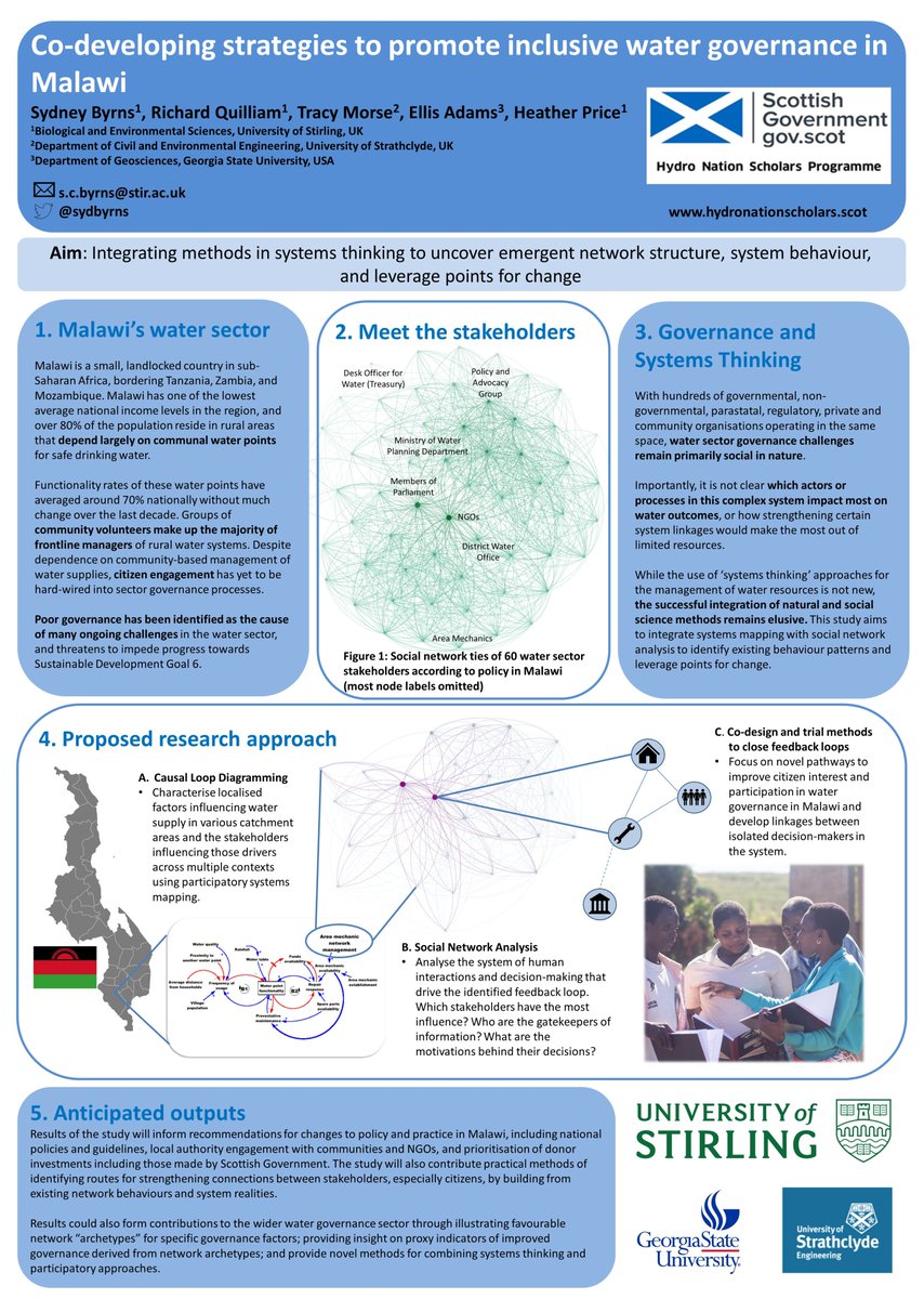 Hi Everyone! This is a poster outlining my PhD research on water governance in Malawi, at the University of Stirling. I would love to hear any and all feedback at this early stage.. Join me in discussion as part of the IWA Young Water Professionals poster competition! #IWAPoster