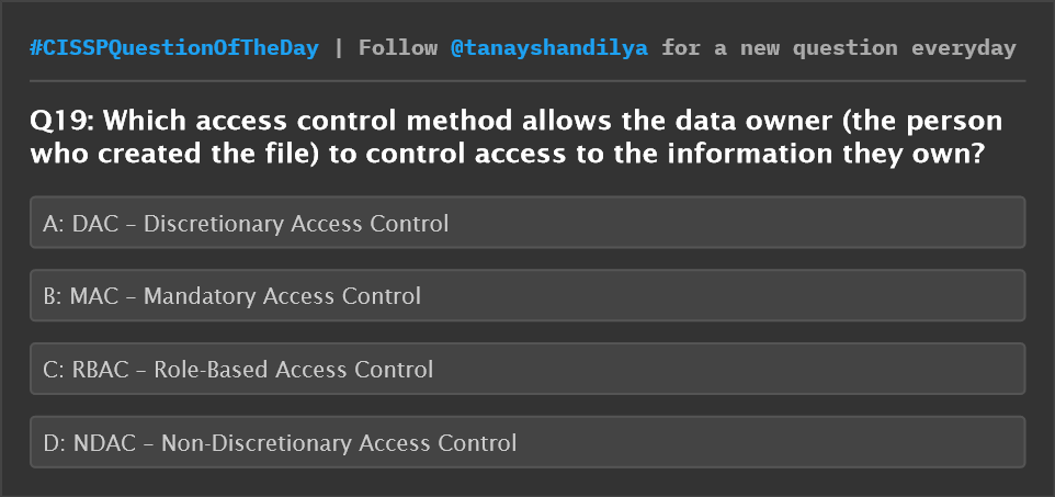 tanayshandilya's tweet image. CISSP Question of the day
#CISSPQuestionOfTheDay #cissp #cisspprep #cisspexam #cybersecurity #cisspcertification #comptia #cisco #azure #crisccertification #isaca #assetmanagement #cyber #security