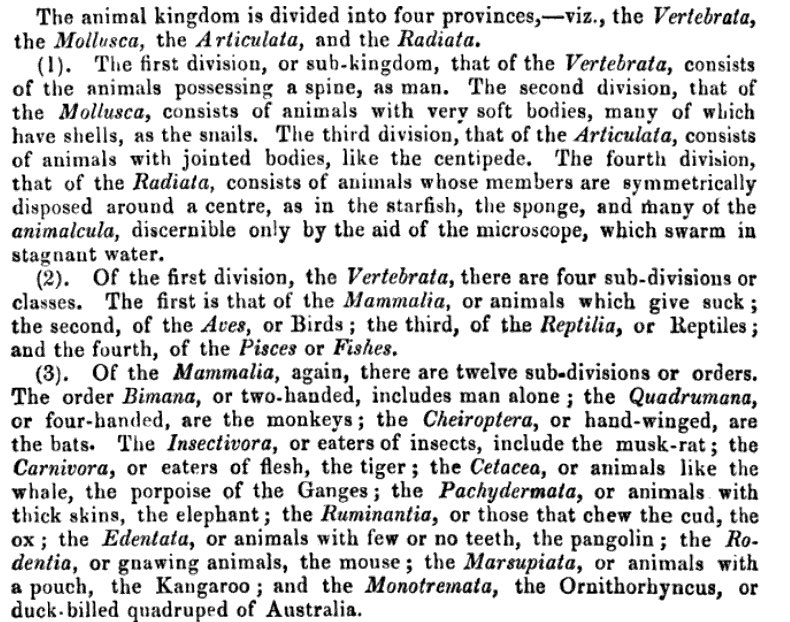 In his later chapters with Sūtras on biology, Ballantyne provides more examples for taxonomy across the families of creatures. Ballantyne’s exposition here is stuck at the level of taxonomy. As I mentioned earlier, Darwin’s theory of evolution was still to be published.