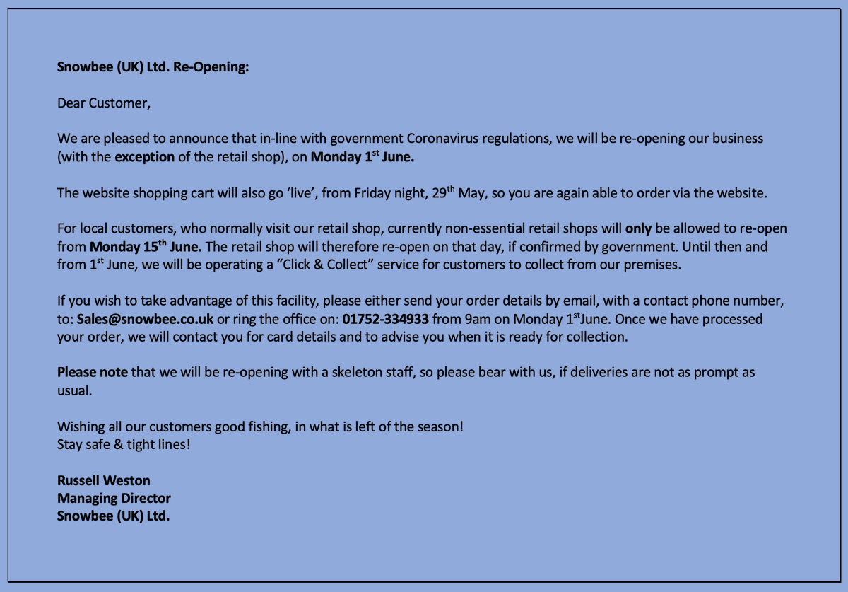 We are re-opening on Monday 1st June...