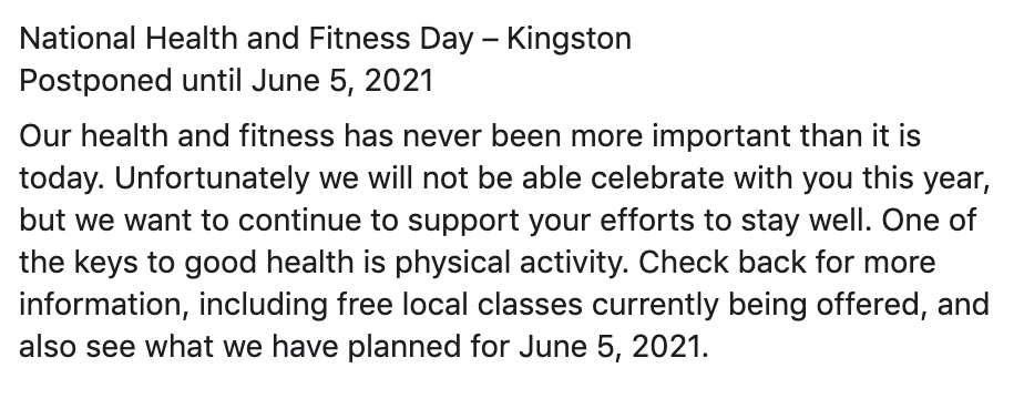 NHFDKingston's tweet photo. 🚨 Important Update 🚨

National Health and Fitness Day 2020 will be postponed until June 5, 2021

#YGK #Kingston https://t.co/ALky2Ypds4
