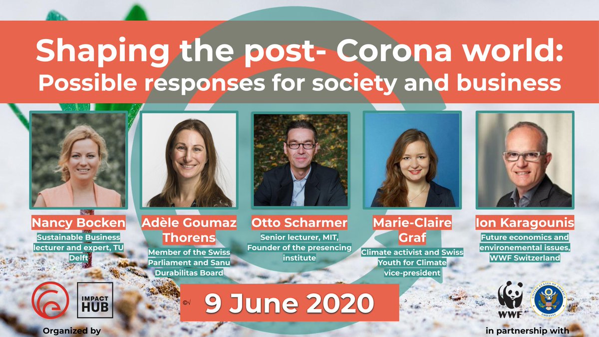 Join us on June 9 for our #CircularEconomy online event "SHAPING THE POST CORONA WORLD"
With <a href="/ottoscharmer1/">Otto Scharmer</a> (<a href="/MITSloan/">MIT Sloan School of Management</a>), <a href="/NancyBocken/">nancy bocken</a> (<a href="/lunduniversity/">Lund University</a>/<a href="/tudelft/">TU Delft</a>) <a href="/adelethorens/">Adèle Thorens</a> (<a href="/GrueneCH/">GRÜNE Schweiz</a>), climate activist <a href="/MarieClaireGraf/">Marie-Claire Graf</a> &amp; Ion Karagounis (<a href="/WWF_Schweiz/">WWF Schweiz</a>)!
=>eventbrite.com/e/shaping-the-…