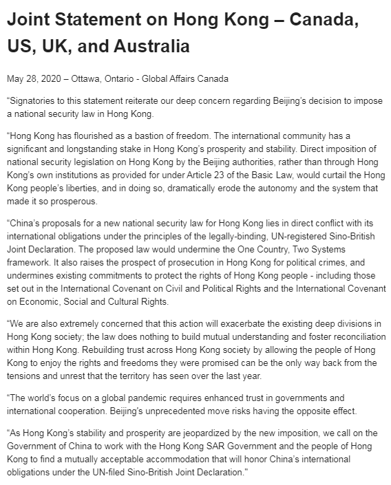 CBCAlerts's tweet photo. Canada, US, UK, and Australia have just issued a joint statement on China’s move,' saying it 'lies in direct conflict with its international obligations under the principles of the legally-binding, UN-registered Sino-British Joint Declaration.' https://t.co/Omprh7vIlS