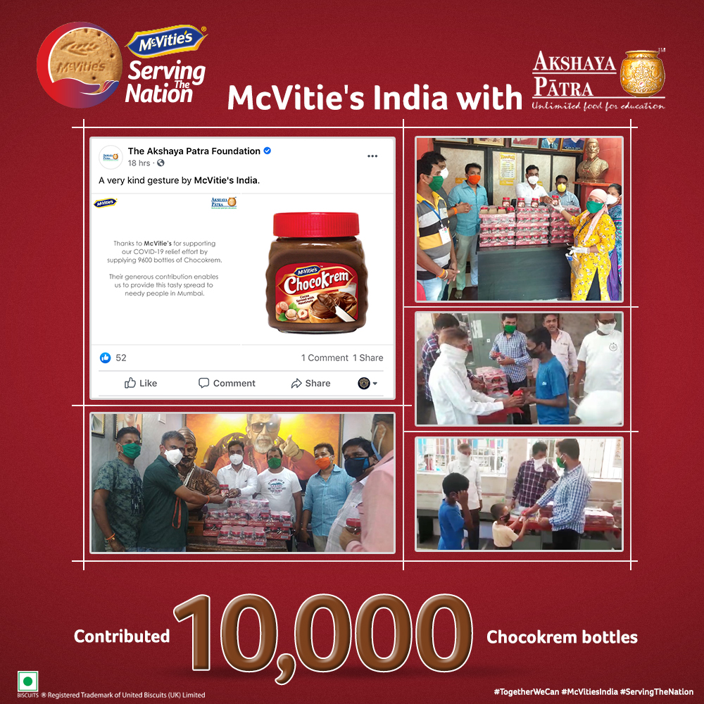 McVitiesIndia's tweet photo. We’re on a mission to spread happiness to all and continue with the spirit of #TogetherWeCan! @AkshayaPatra Patra Thank you for being there &amp; giving us an opportunity to reach out to the needy and serve the nation.
Proud to have distributed 10K ChocoKrem Bottles! https://t.co/m2gN0biSMm