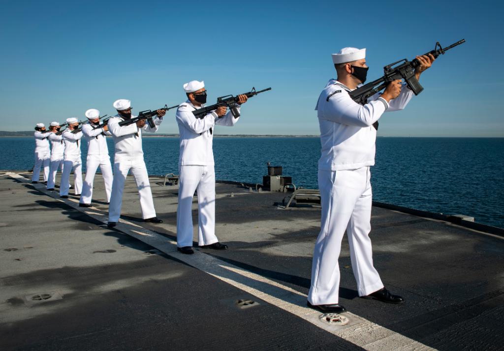 #HonorTheFallen

#ICYMI: Sailors aboard #USSMountWhitney participate in a memorial ceremony off the coast of Normandy, France while in the English Channel. Mount Whitney is the @USNavyEurope flagship and is homeported in Gaeta, Italy.