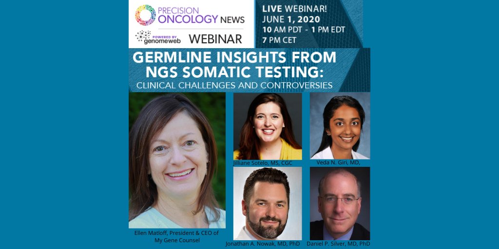 On June 1st, @GenomeWeb will be hosting a fantastic expert panel discussing opportunities, & controversies related to informing clinicians, cancer patients, and their families of potential #germlineinsights after receiving #somatictesting #GcChat Register: genomeweb.com/resources/webi…