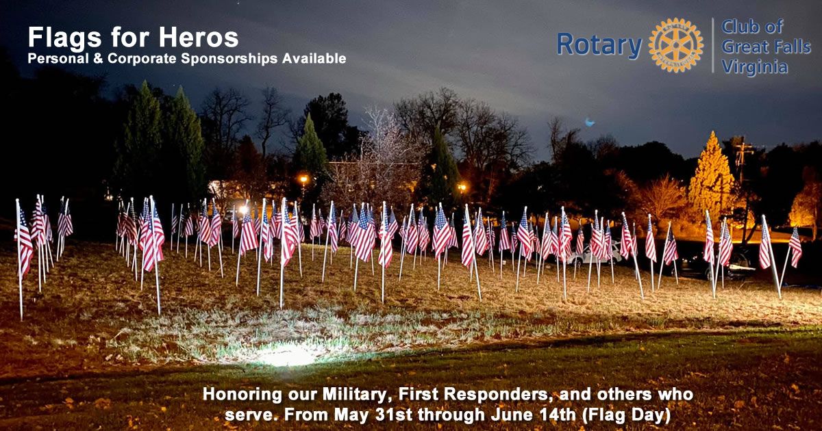 RotaryGFVa's tweet image. The Rotaract Club of Great Falls is pleased to announce plans for a Flags for Heroes display honoring our Military, First Responders, and others who serve. 

Individual &amp;amp; Corporate Sponsorships Available - buff.ly/3chmRjX

#rotary #rotaract #flagsforheros #greatfallsva